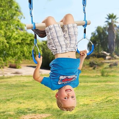 Trapeze Swing Bar with Gymnastic Rings Warrior Accessories for Obstacle Course Monkey Bars for Indoor Outdoor Garden,Backyard, Playground, Playroom (Blue)