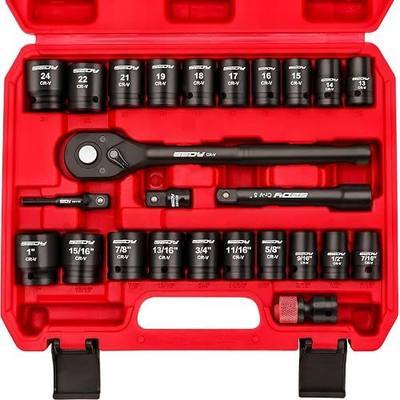 1/2" Drive Socket Wrench Set: 25-Piece SAE & Metric Impact Socket Ratchet Wrench Tool Set Socket Assortment with Storage Box for Repair Mechanic Garage