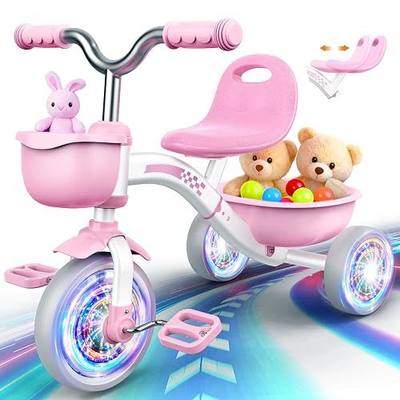 Kkdi Toddler Tricycle for 1-3 3-5 Year Olds, 2 3 4 5 Year Old Girl Birthday Gifts, Pink Toddler Baby Bike, 4-Level Adjustable Seat, 3 Color Light Wheels, 2 Baskets, Outdoor Riding Toys for Ages 2-4