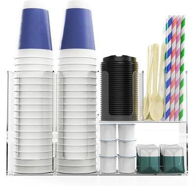 HeiMma Paper Cup and Lid Holder with Straw Organizer, 6 Compartment Disposable Coffee Cup Dispenser for Countertop Coffee Bar Accessories Restaurant Breakroom, Acrylic, Clear