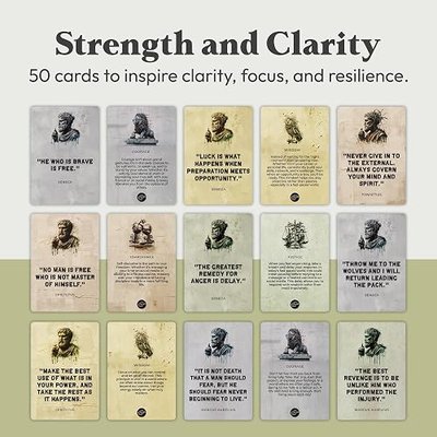Daily Stoicism Affirmation Cards - 50 Stoic Life Change Quotes, Philosophy Gift for Men in Tin Box with Wood Stand - Desk Accessories Office Decor for Men - Inspirational & Motivational Cards
