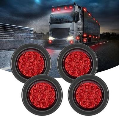 FXC 4Pack 2 Inch Round Truck Trailer LED Side Marker Clearance Lights 9 Diodes with Reflectors Waterproof 12V Side Fender Marker Light with Grommets and Wire Pigtail (Red)