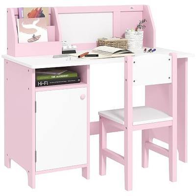Qaba Toddler Desk and Chair Set for Kids Whiteboard Storage Cabinet Pink | Kids Writing Desk Study Table, for Children, Child Furniture, Art Gifts