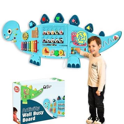 Dinosaur Wall Busy Board with 12 Activities - Montessori Wall Activity Board 2-6 - Wooden Toys for Toddlers – Sensory Panel Learning Activity Center for Playroom, Daycare & Classroom