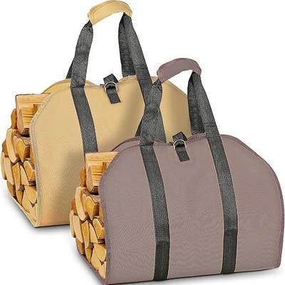 LBTING Firewood Log Carrier, 2 Pack Heavy Duty 900D Oxford Log Tote Wood Carrying Bag with Handle Security Strap, Suitable for Indoor Fireplace and Outdoor Camping - Brown & Khaki