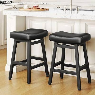 Raynesys 24 Inche Bonded Leather Counter Height Bar Stools Set of 2 Curved | Barstools with Curved Bonded Leather Seats & Heavy Duty Metal Legs for Kitchen Counter, Easy Assembly, All Black