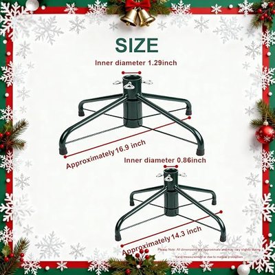 2 Pack Folding Christmas Tree Stand for 3-6 Ft Artificial Trees, Heavy Duty Metal Xmas Tree Holder Fits 0.5-1.29" Tree Pole, Green (14.3" & 16.9")