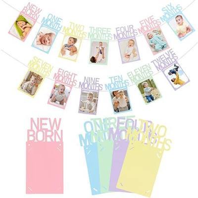 Pastel 1st Birthday Photo Banner for Baby from Newborn to 12 Months Macaron One Year Photo Banner with Frame First Birthday Party Decorations for Girl Monthly Milestones Garland