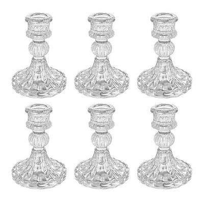 Glass Candlestick Holders, Clear Taper Candle Holders, Set of 6 | Crystal-clear striped glass for taper holders, ideal for wedding centerpieces, dining tables, mantels, parties and home decor