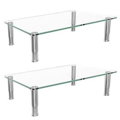 Simple Trending 2-Pack Tempered Glass Monitor Stand, Adjustable, Clear | 14.25"L x 9.5"W, height 3.5"-5", tilt 0-15°. Holds 88 lbs, impact/heat resistant. Stainless steel feet. Easy assembly.