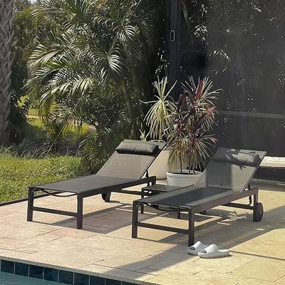 PURPLE LEAF Patio Chaise Lounge Set of 3 Pool Lounger with Pillow, Gray | Lightweight aluminum frame, Fade-resistant textilene fabric, Wheels for easy movement, 5 Adjustable positions, Easy assembly