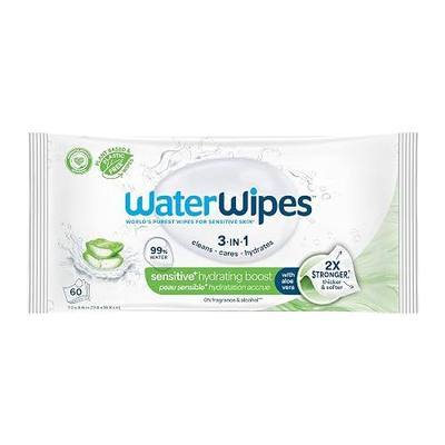 WaterWipes Sensitive+ Hydrating Boost Wipes, 3-In-1 Cleans, Cares, Hydrates, 99% Water with Aloe Vera, Unscented & Hypoallergenic Baby Wipes, 60 Count (1 Pack)