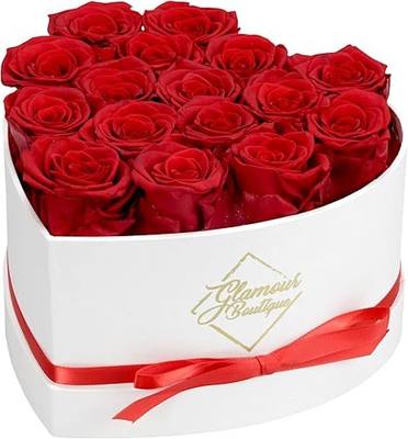GLAMOUR BOUTIQUE Preserved Roses in a Box - Gifts for Her, Wife & Mom, Rose Flowers Forever Decor for Birthday Gift, Get Well Flower Bouquet Cased in White Box with Cover - Red - 16 (Color-Treated)
