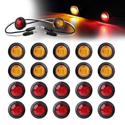 3/4 Inch Round Marker 10 Amber + 10 Red Light Button 3 LED with Connector Plugs for Trailer Truck Lorry SUV ATV RV Bus Clearance Signal Lamps 12V DC (Pack of 20)