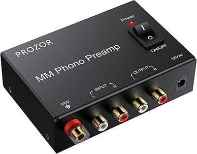 PROZOR MM Phono Turntable preamp - Mini Stereo Audio Low Noise Phono preamplifier with Power Switch, RCA Input, RCA Output, DC 12V Amp Certified Power Adapter Gold-Plated Connectors, Black