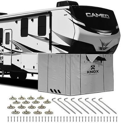 RV Skirt, All-Weather Protection 5th Wheel Skirt with Twist Fasteners, Anti-Tear RV Skirting with Reflective Strips, Zippered Panels, Anti-UV Winter Storage RV 5th Wheel Accessories, 5.5x22.1-Ft