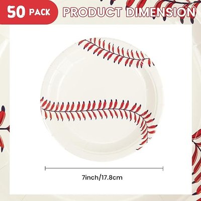 50PCS Baseball Party Paper Plates - 7Inch Round Baseball Dessert Plates for Cake Salad Fruit Pizza Disposable Themed Decoration Supplies for Fan Sports Event, Birthday Party