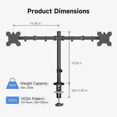 Pholiten Dual Monitor Mount for 2 Screens up to 32 Inches and 22lbs Each | Adjustable Monitor stand, Tilt, Swivel, Rotate, VESA 75x75mm/100x100mm