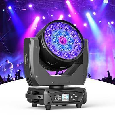 19x15W RGBW 4in1 Moving Head DJ Lights, Beam/Wash/Zoom Effect Stage Lighting, DMX512 & Sound Activated Control for Party Wedding Disco KTV Bar Stage Show -1 Pack
