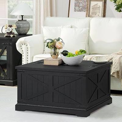 Joaxswe Farmhouse Coffee Table with Large Hidden Storage Compartment, Rustic Black Square Center Table, Wood Low Farm House Modern Living Room Tables with Hinged Lift Top & Wooden Arc Base