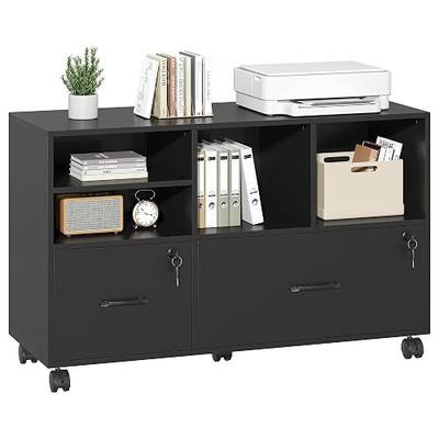 2 Drawer Wood Lateral File Cabinet with Lock, Lockable Rolling Filing Cabinet with Adjustable Storage Shelves, Printer Stand Office Storage Cabinet for Home Office Fits Files Legal/A4, Black