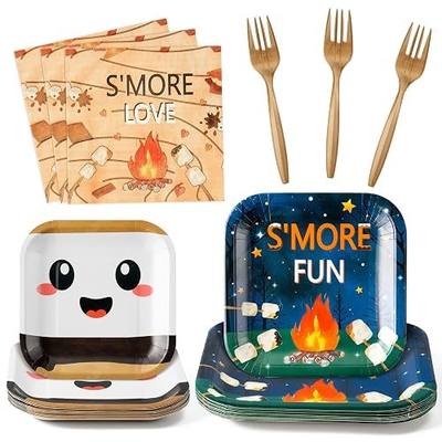 96Pcs S’Mores Camping Love Fun Campfire Party Plates Supplies - Party Tableware Decorations Disposable Paper Plates Napkin Fork for Birthday Camper Christmas Baby Shower, Serves 24