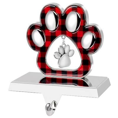 Dog Paw Christmas Stocking Holder with Pendant for Mantel 3D Sliver Metal Pet Paw Stocking Hanger Mantel Buffalo Plaid Stocking Holder for Dog Lover Xmas Fireplace Mantel Table Decorations