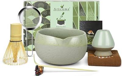 Artcome Matcha Tool Set– Bowl with Pouring Spout, Whisk, Whisk Holder, Tea Scoop, Matcha Strainer, Tea Spoop, Tea Scoop Holder, Tea Cloth – Traditional & Refined
