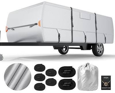 Oxford Fabric Pop Up Folding Camper Cover 14'-16' Super Waterproof Tear-Resistant Anti-UV Tent Trailer Cover for Winter Snow with Reinforced Corners, 5+2 Windproof Straps, Storage Bag