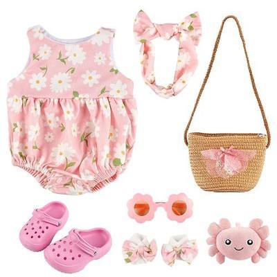 BABESIDE 16-20 Inch Reborn Baby Doll Clothes Set with 16 Inch Doll Shoes for Reborn Dolls, Summer Floral Babydoll Clothes with Bag Headband for Realistic Baby Dolls Accessories, Pink