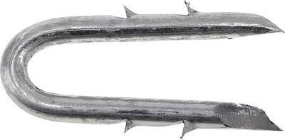 Double Barbed Fence Staples, #8 x 1-1/2in, 5lbs, Gray | Hot-dipped galvanized steel , Double barbed grip for wood posts , For wire fencing, chicken wire, and garden mesh