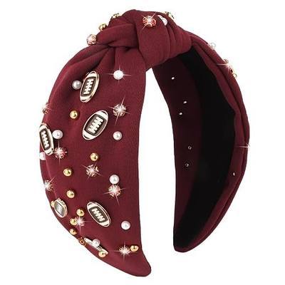 YARIEW Football Headband for Women Crystal Jeweled Knotted Headband | Fashion Headbands Wide Game Day Sports Hair Accessories Gift for Football Mom Fans Christmas (Burgundy)