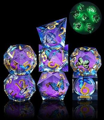 AUSTOR Liquid Core Butterfly Resin Glow in The Dark Dice Set, 7-Die Sharp Edge Polyhedral Dice for Dungeons and Dragons RPG, MTG, Table Games