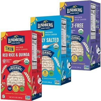 Lundberg Thin Brown Rice Cakes Variety 3-Pack – Regenerative Organic Certified Lightly Salted, Salt-Free, and Red Rice & Quinoa, Healthy Snacks, 6 Oz Ea