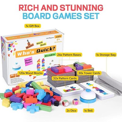 Wooden Block Stacking Games 120Pcs, 1-6 Players, Ages 4+ | 4 More Ways Play Fast-Paced Building Block Game for Party Game Night, Classroom Challenging Board Games for kids