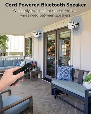 400W Outdoor Bluetooth Speakers, Wireless Sync Between Speakers, Powerful Bass, Wall Mount for Patio, Porch, Gazebo, Garage, 2-Pack, White(MZ-621)
