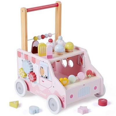 labebe Wooden Push Walker, Push Activity Walker for Kids 12M+, Multifunctional Ice Cream Cart Activity, Adjustable Speed Learning Walking with Wheels, Birthday Gift for Girls Boys Ages 1-3 (Pink)