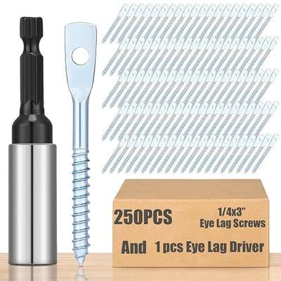 MorningRo 250 Pcs Eye Lag Screws and 1 Pcs Driver Set, 1/4 Inch x 3 Inch Eye Lag Wood Screws Zinc Plated 2-5/8 Inch Quick Install Bit Kit for Use with Attaching Hanger Wire to Ceiling Joists
