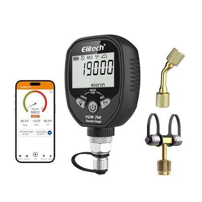 Elitech Full-Range Micron Gauge, 0-760000 Micron, Wireless Digital Vacuum Gauge with Adaptor Pressure Tester Meter HVAC, Alarms via APP, Offline Recording, 1/4" SAE, VGW-760Pro