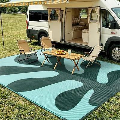 Lahome Coastal Coral 9x12 Outdoor Picnic Pool Rug, Plastic Green Outdoor Rug for Beach Camper, Lightweight Portable Waterproof Outside Camping Carpets for Patio, Green 9'x12'