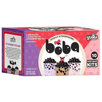 Boba Bundle Kit 10 Serv. Instant Bubble Pearl Variety Milk Tea Kit with Authentic Brown Sugar Tapioca Pearls by Yulu Foods - Ready in Under 1 Minute, Includes Paper Straws - Gift Box, Holiday (Classic, Taro and Strawberry)