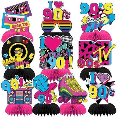 10 Pcs 90s Party Decorations, 1990s Retro Honeycomb Centerpieces | Easy Assembly Paper Toppers, Back to 90s Party Table Centerpieces, 1990s Vintage Themed Birthday Party Favors Supplies