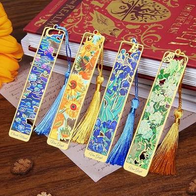 Kinsound Metal Bookmarks with Tassel, Golden Van Gogh Monet Oil Painting Theme Cute Hollow Book Markers for Reading Women, Teachers, Students, Reading Accessories Gifts for Book Lovers (Style A(4PCS))