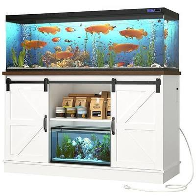 Hlivelood Farmhouse 55-75 Gallon Fish Tank Stand with Power Outlet, Aquarium Stand w/Cabinet&Sliding Barn Door, Heavy Duty Reptile Tank Stand for Fish/Turtle/Reptile Terrarium, 1000LB Capacity, White