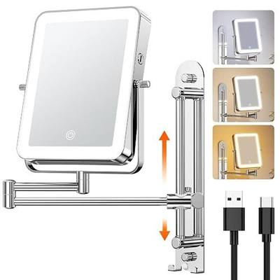 Gospire Height Adjustable Wall Mounted Lighted Makeup Mirror with Hooks | 3000mAh Rechargeable, Double Sided 1X/10X Magnification, 3 Light Colors, Extended Arm 360° Swivel Foldable for Bathroom/Hotel