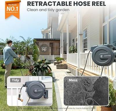 Giraffe Tools AW505/8 Retractable Garden Hose Reel 5/8" x 115+5 ft, Heavy Duty Wall Mounted Water Hose Reel Automatic Rewind, 180 Deg Swivel Bracket, Slow Retraction, 115ft, Dark Grey