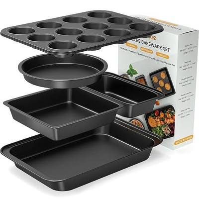 5 Pieces Baking Pans Set, Nonstick Baking Sheet Tray Oven Pans Bakeware Set, Baking Supplies with Round/Square Cake Pan, Muffin Pan, Loaf Pan, Roast Pan, Stackable Baking Sets for Cooking