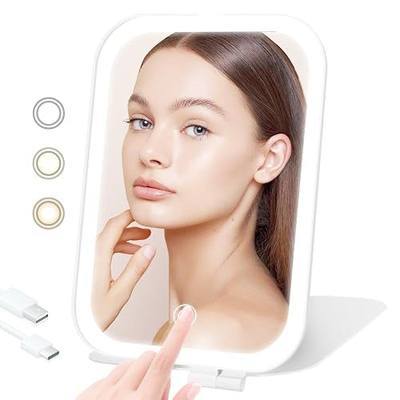 Travel Makeup Mirror, Portable Rechargeable Mirror with Lights | USB-Rechargeable, 3 Color LED Lighting, Adjustable Brightness, 7.9x5.4 inch, 1200mAh Battery, Gift for Women and Girls, White