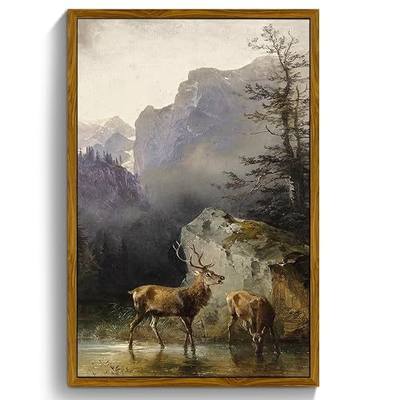 crmotu Vintage Framed Wall Art, Animal Deers Painting Canvas Prints, Mountain Mist Landscape Rustic Home Decorations, Nature Aesthetic Pictures Wall Decor Living Room Bedroom Bathroom Kitchen 20x30in