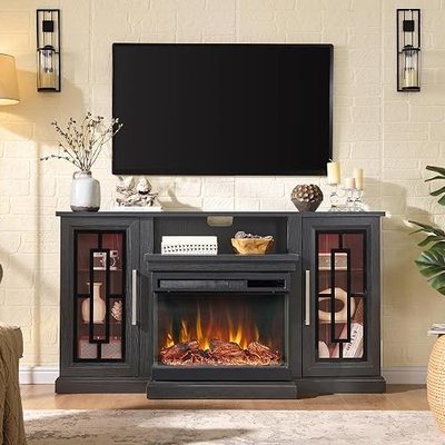 59 Inch LED TV Stand with 3-Side Glass Fireplace, Modern Media Entertainment Center Console Table for TVs up to 65 Inch with Adjustable Flame & LED Color, 24’’ Fireplace, Highboy, Black